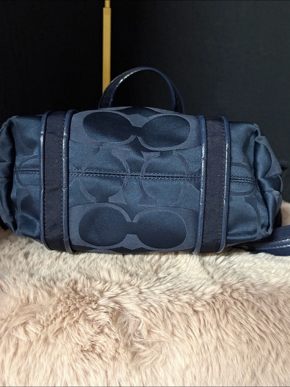 Coach Poppy Signature Sateen Daisy Tote Navy Blue Heart Zipper Charm With Dusty